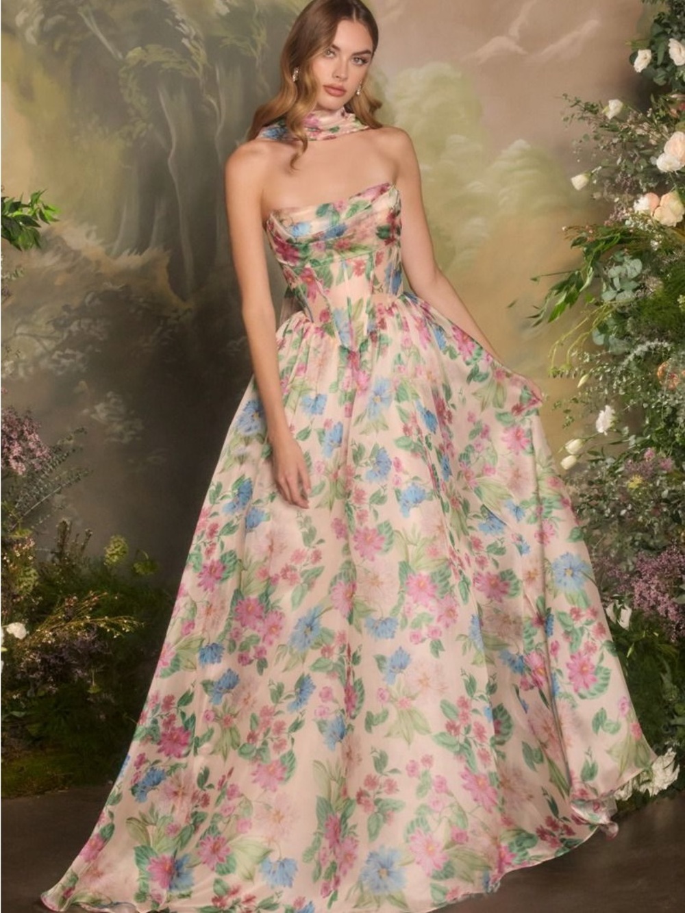 Strapless Floral Ball Gown Dress in Pink and Pastel Floral